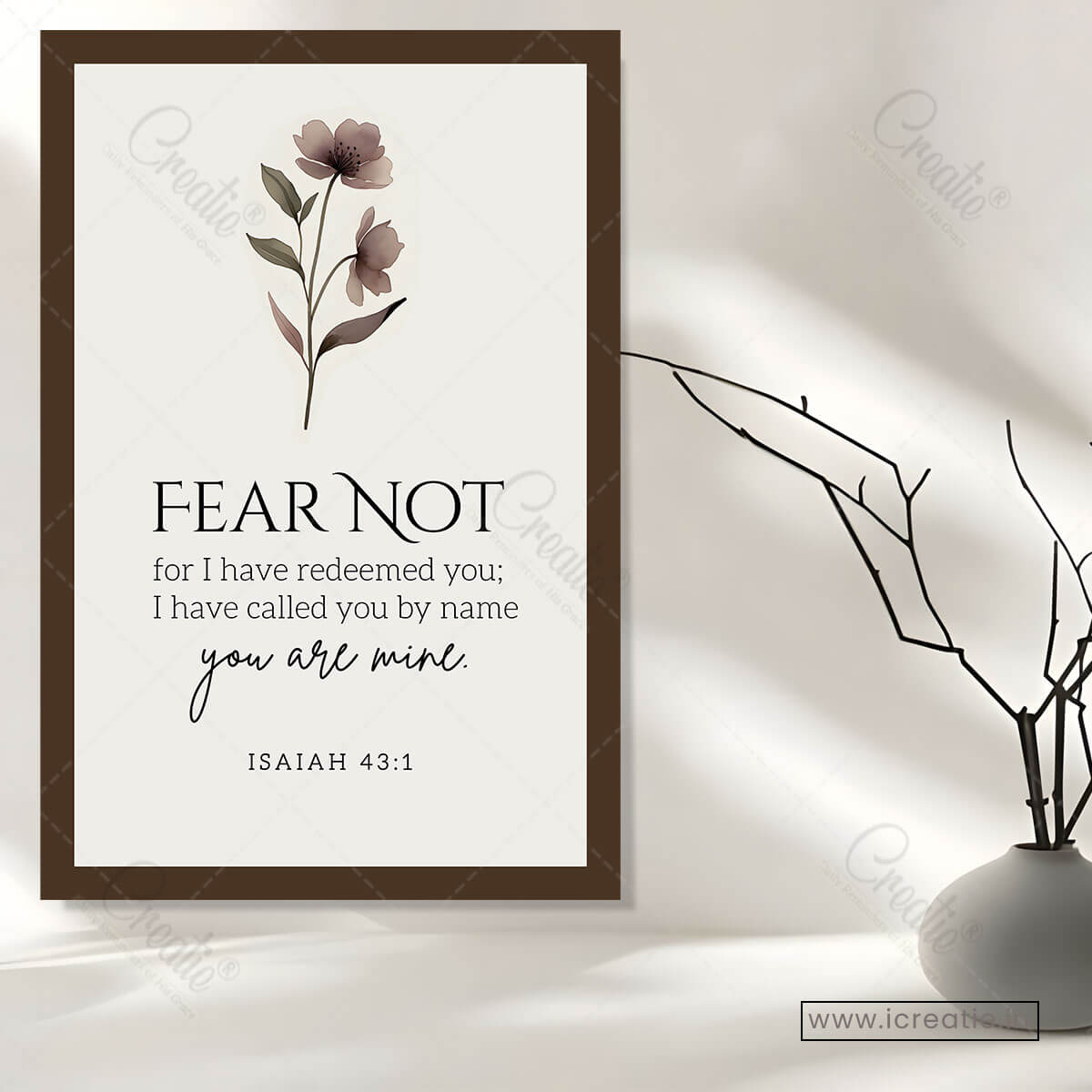 Close-up of Isaiah 43:1 scripture text on acrylic print – "you are mine" in flowing script – Christian wall décor